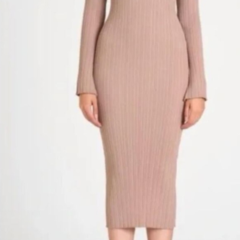 Wayf Taupe Long Sleeve Ribbed Dress